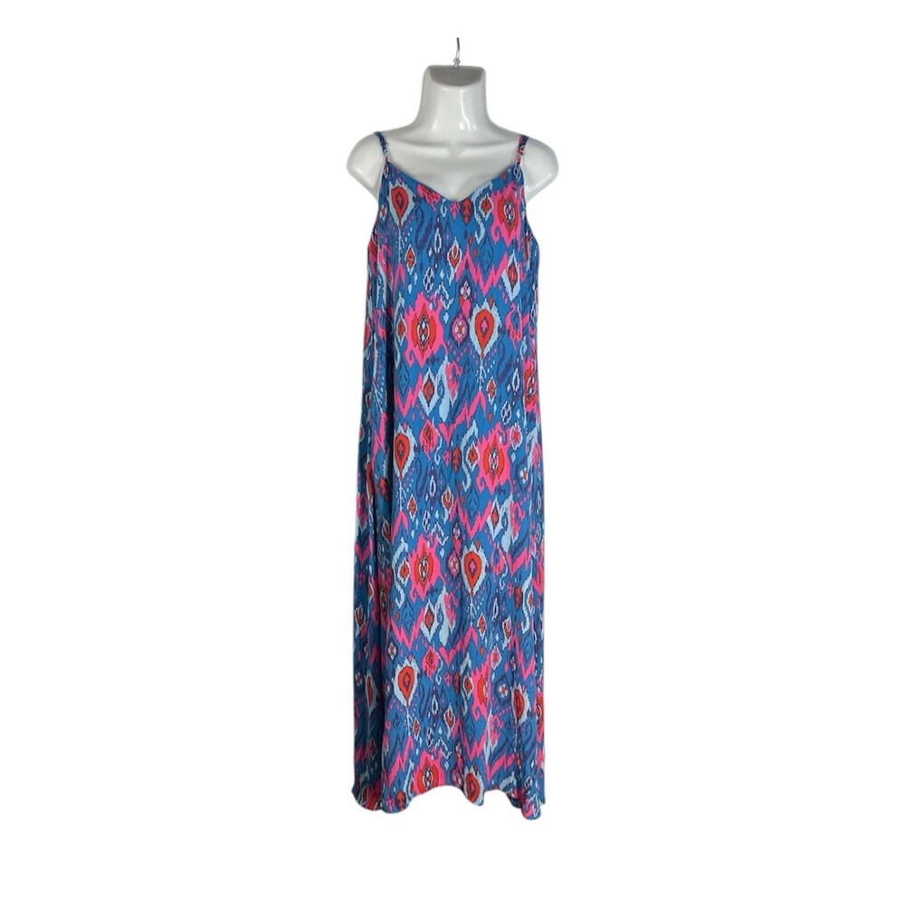 Emily Wonder Sundress Blue Abstract Maxi Dress Medium Spaghetti Strap Boho Beach